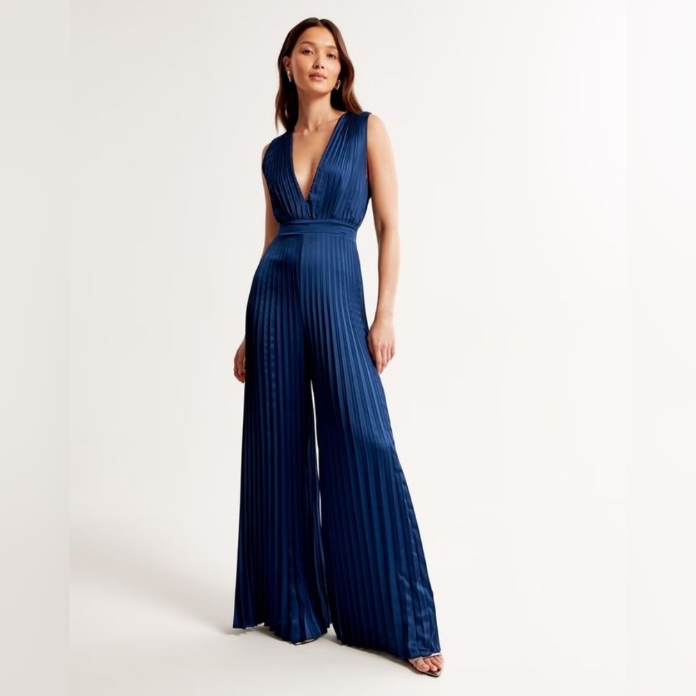Abercrombie & Fitch Deep Blue Pleated Satin Jumpsuit